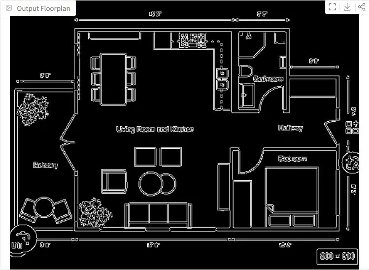Annotated 2D floor plan output with room labels and measurements